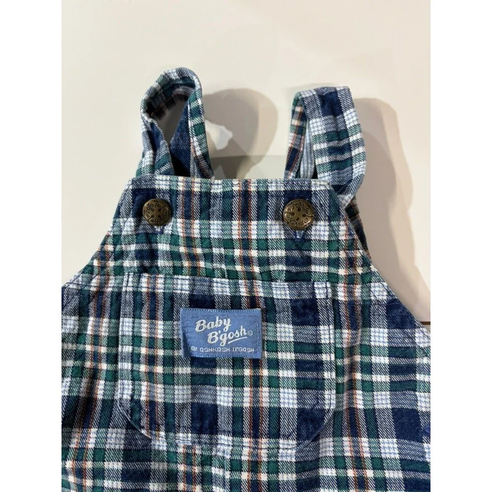 Vintage OshKosh Blue Green White Plaid Cotton Bib Overalls One-Piece 12m